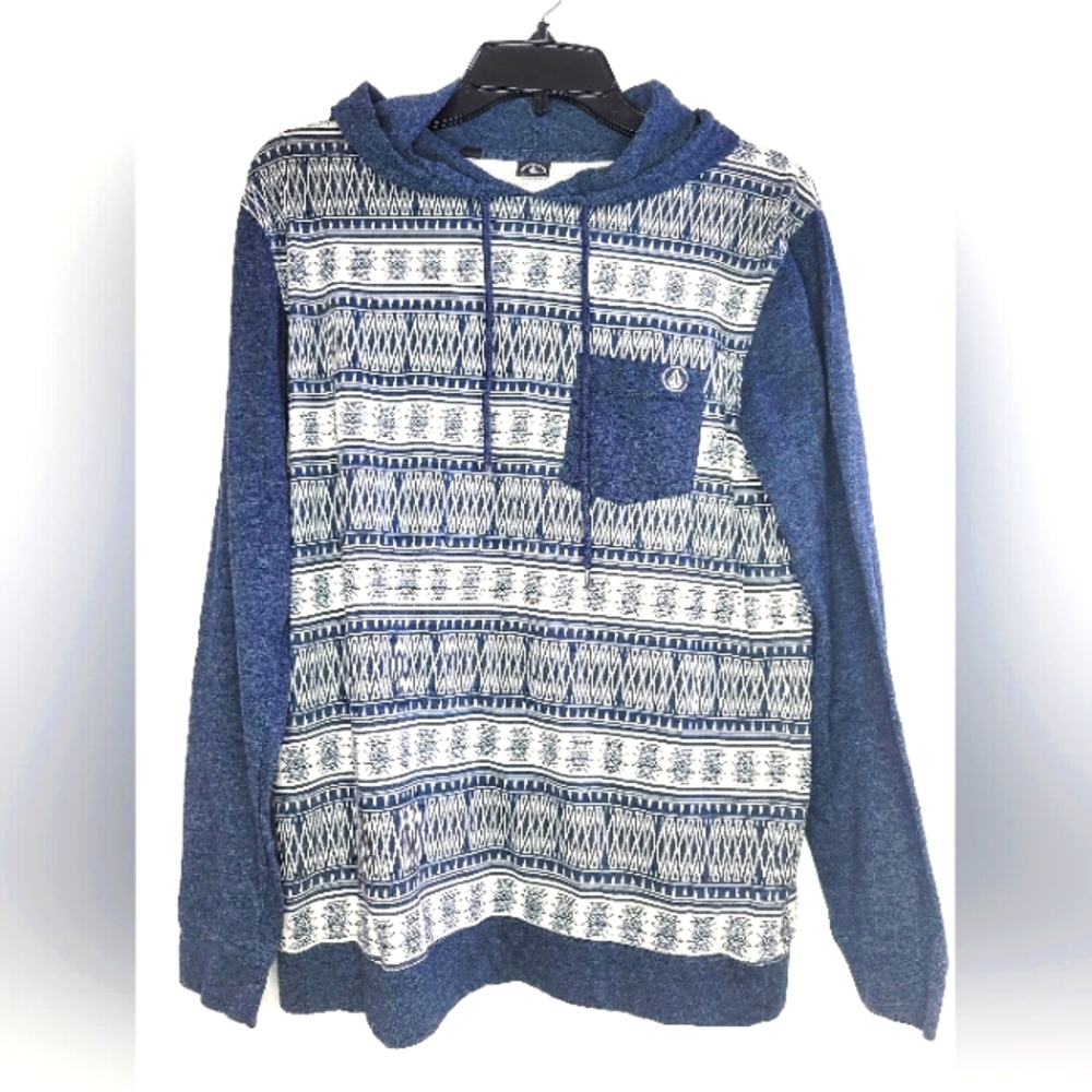 Volcom Men's Thin Hoodie Blue & White W Pocket Long Sleeves Color Block Small S